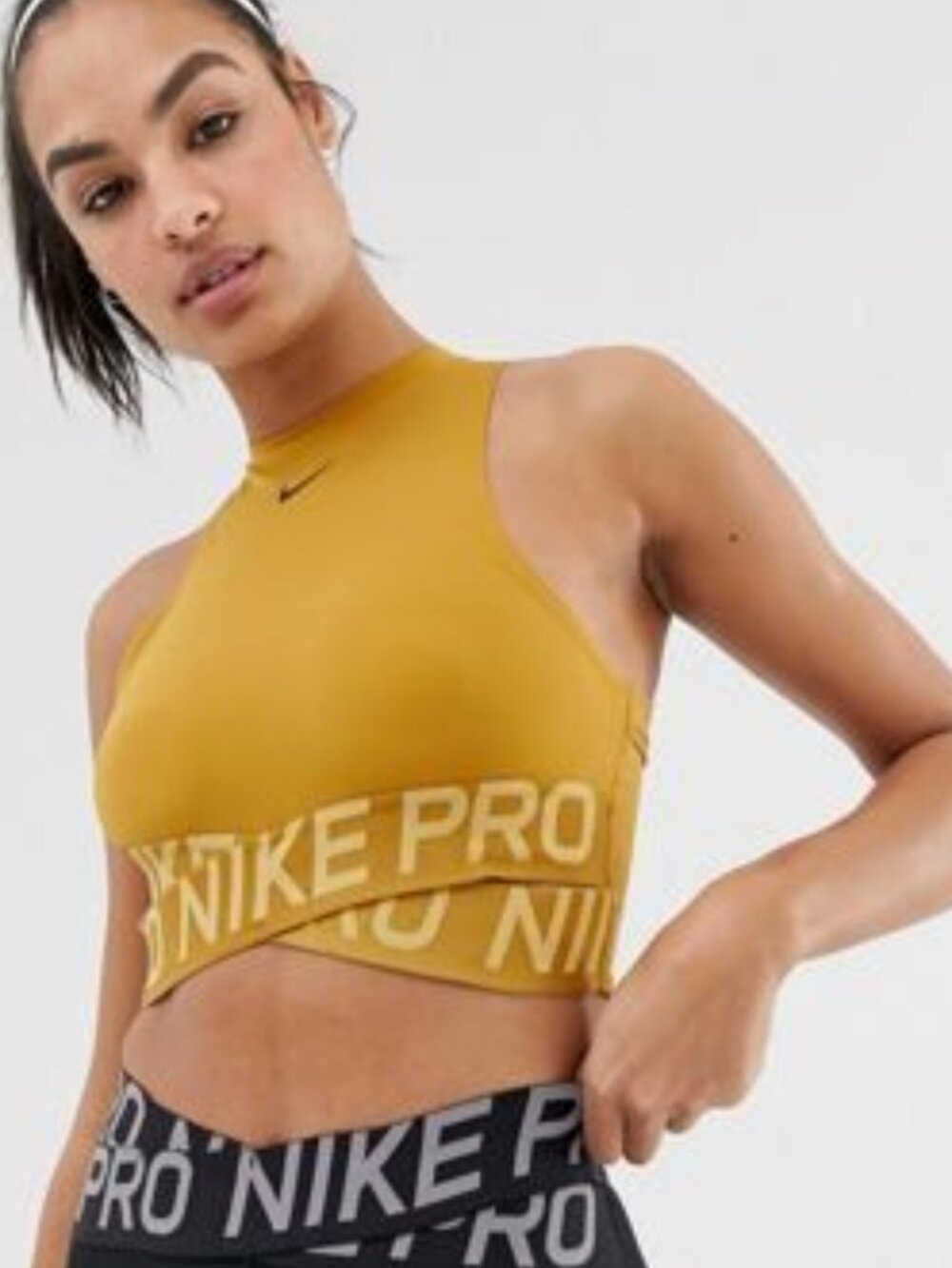 Womens Nike Pro Sports Bra Tank Top Fitted Intertwist Cross Over Pullover Gold S